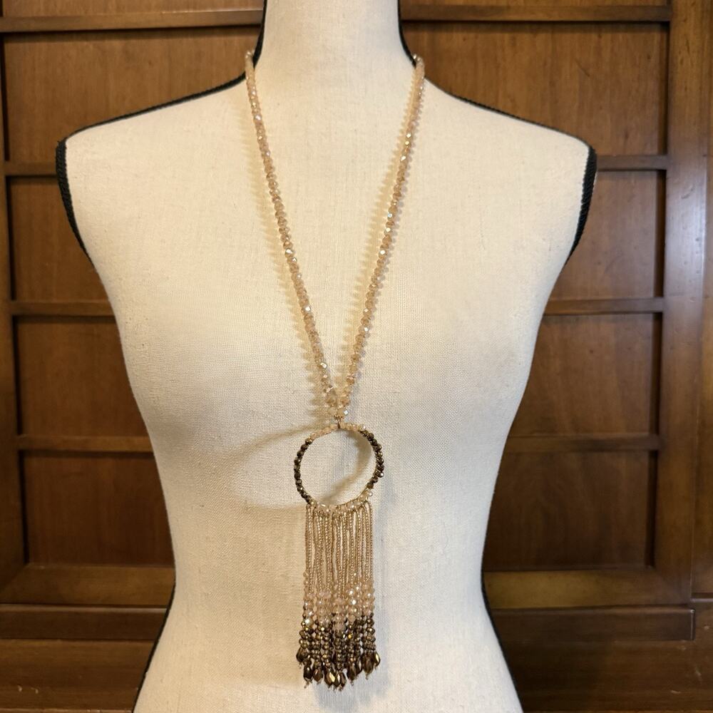 Vintage Boho Faceted Crystal Long O-ring Beaded Tassel Statement Necklace